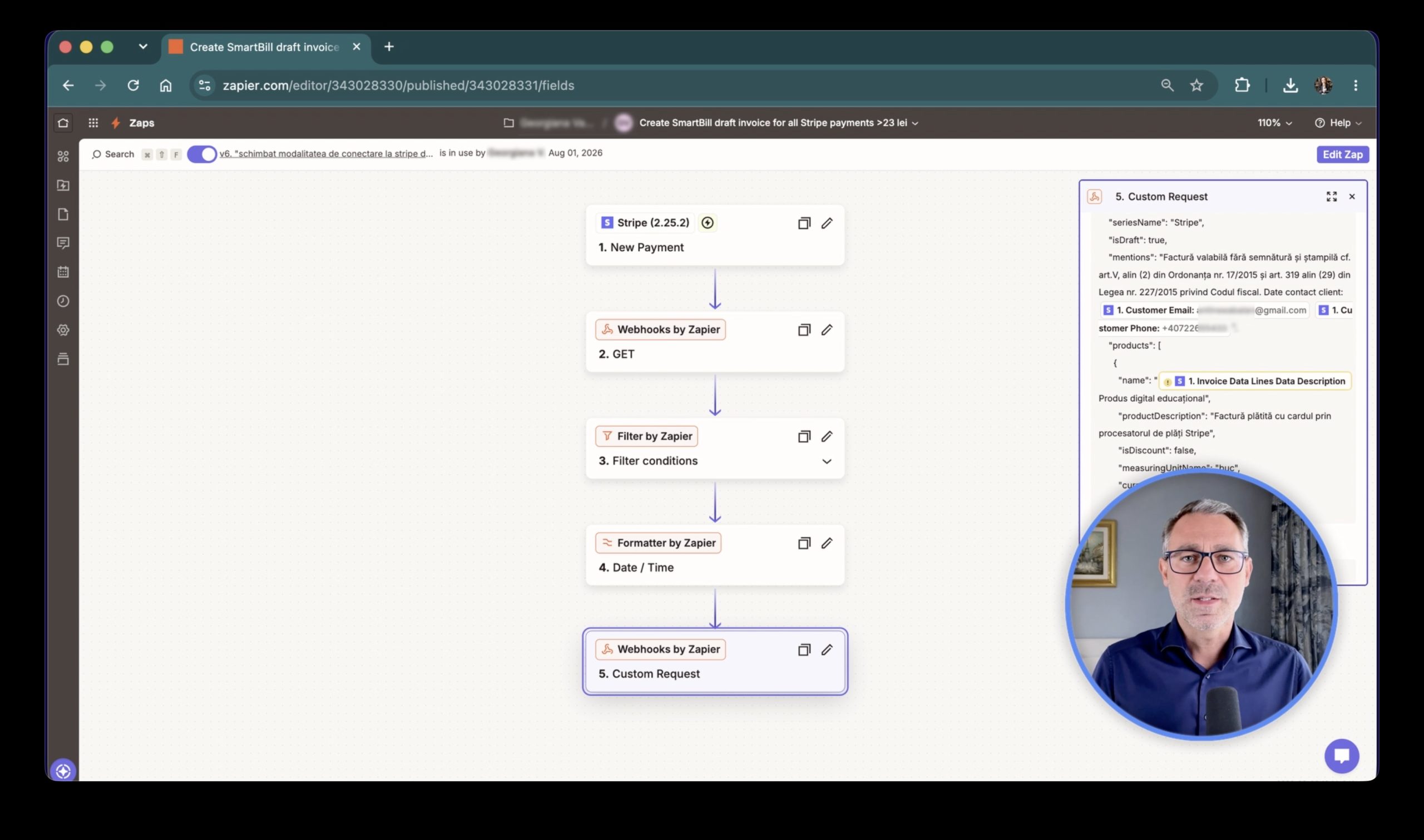 Zapier factura generată automat din Stripe în draft SmartBill